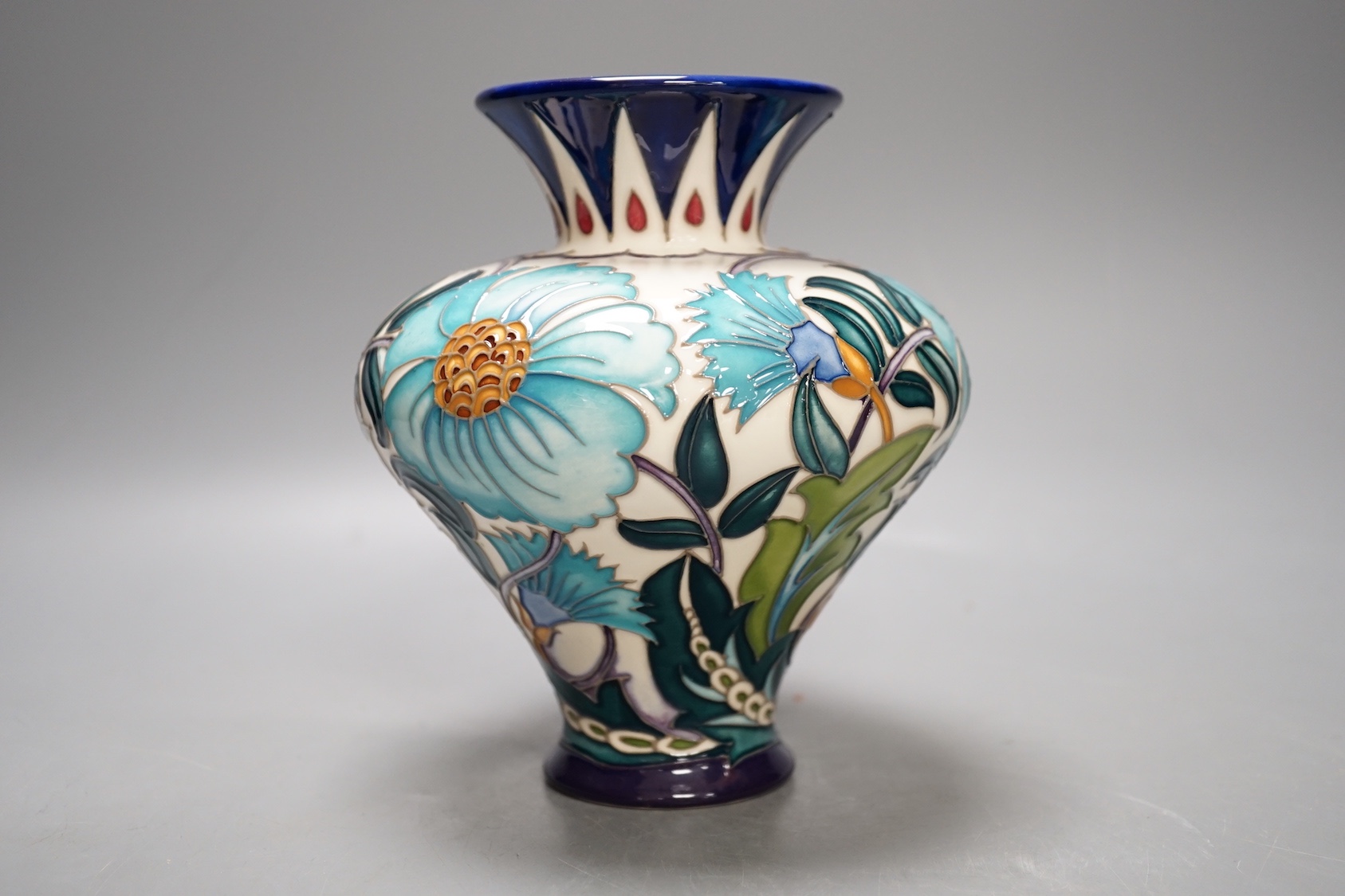 A Moorcroft 'Persian bouquet' trial vase by Emma Bossons, 3.2.21, boxed, 15.5 cms high.